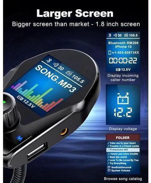 Alt view image 3 of 7 - Upgraded Bluetooth FM Transmitter Car Radio Adapter, 1.8" Color Display Car FM Bluetooth Receiver with Hands-Free Call, 18W Fast Charge & 2.4A Dual USB Ports, Support TF Card MP3 Music Playback