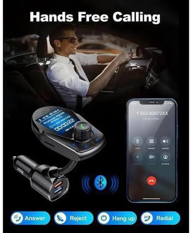 Alt view image 7 of 7 - Upgraded Bluetooth FM Transmitter Car Radio Adapter, 1.8" Color Display Car FM Bluetooth Receiver with Hands-Free Call, 18W Fast Charge & 2.4A Dual USB Ports, Support TF Card MP3 Music Playback