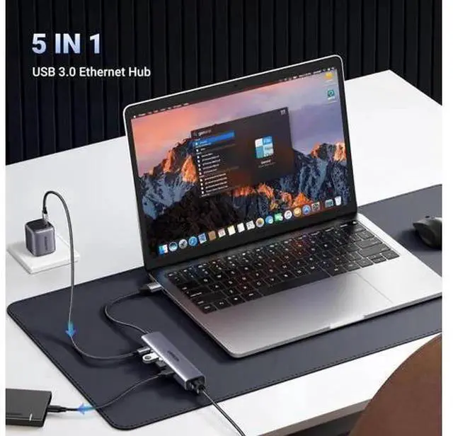 Alt view image 6 of 7 - 5 in 1 USB C Multiport Adapter, Gigabit RJ45 Ethernet Hub with 3 USB 3.0 Data Ports & USB-C PD Charging Port, Plug and Play USB to LAN Network Converter Compatible with MacBook, XPS, Windows 10/11 Lap