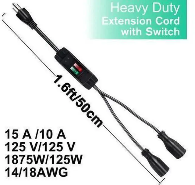 Alt view image 5 of 7 - 2 Outlet Extension Cord Splitter with Individual On/Off Switch, 1.6FT Black Heavy Duty SJTW Outdoor Power Cord, 14AWG 15A 125V & 18AWG 10A 125V 3 Prong Short Extension Cable for Indoor & Outdoor Use
