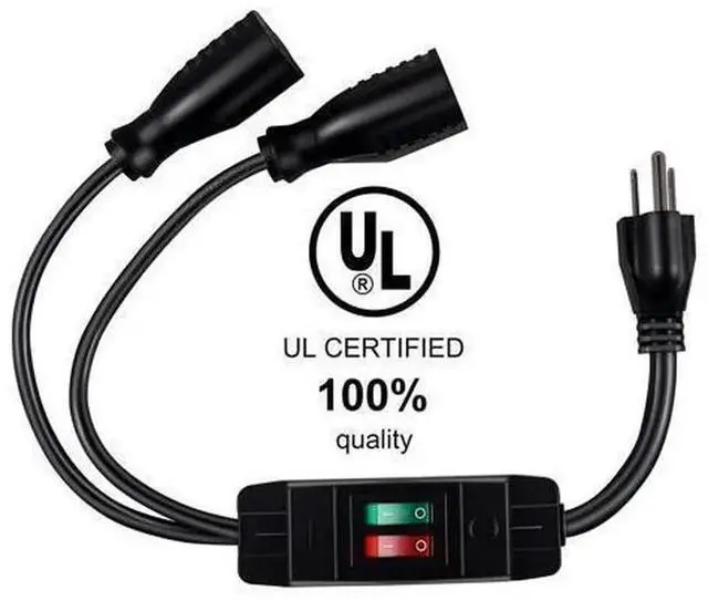 Alt view image 2 of 7 - 2 Outlet Extension Cord Splitter with Individual On/Off Switch, 1.6FT Black Heavy Duty SJTW Outdoor Power Cord, 14AWG 15A 125V & 18AWG 10A 125V 3 Prong Short Extension Cable for Indoor & Outdoor Use