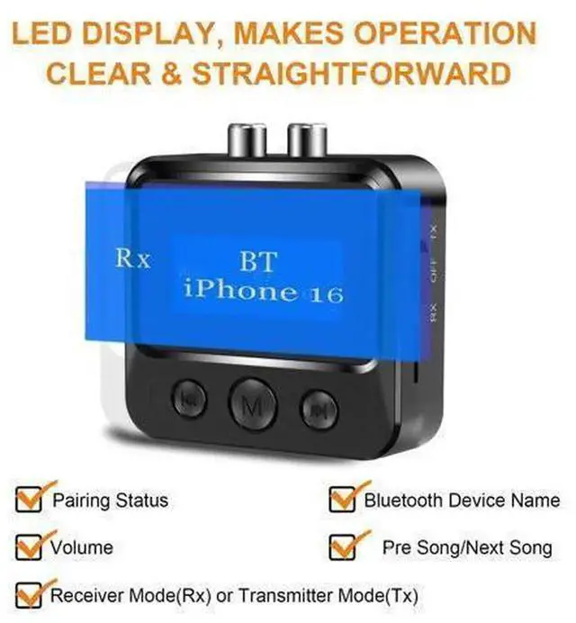 Alt view image 6 of 7 - Bluetooth 5.3 Transmitter Receiver 2-in-1 Audio Adapter with Digital Display, RCA & 3.5mm AUX Ports, TF Card Playback, Wireless Audio Transmitter for TV PC Car Home Theater, Receiver for Headphones Sp