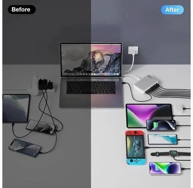 Alt view image 2 of 7 - 200W GaN III 8-Port USB-C Fast Charging Station Hub, Multi PD Charger Block with 65W Max Single Port, Universal Power Adapter for MacBook Pro/Air, Dell Laptops, Steam Deck, iPhone 16/15/14, Sam