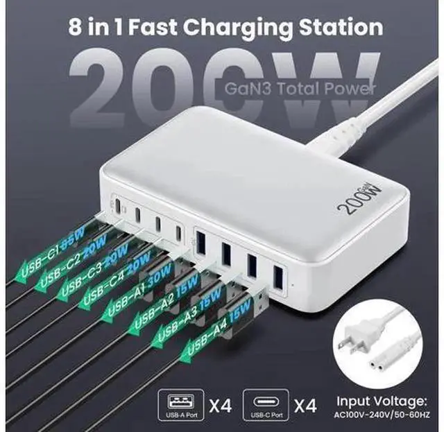 Alt view image 3 of 7 - 200W GaN III 8-Port USB-C Fast Charging Station Hub, Multi PD Charger Block with 65W Max Single Port, Universal Power Adapter for MacBook Pro/Air, Dell Laptops, Steam Deck, iPhone 16/15/14, Sam