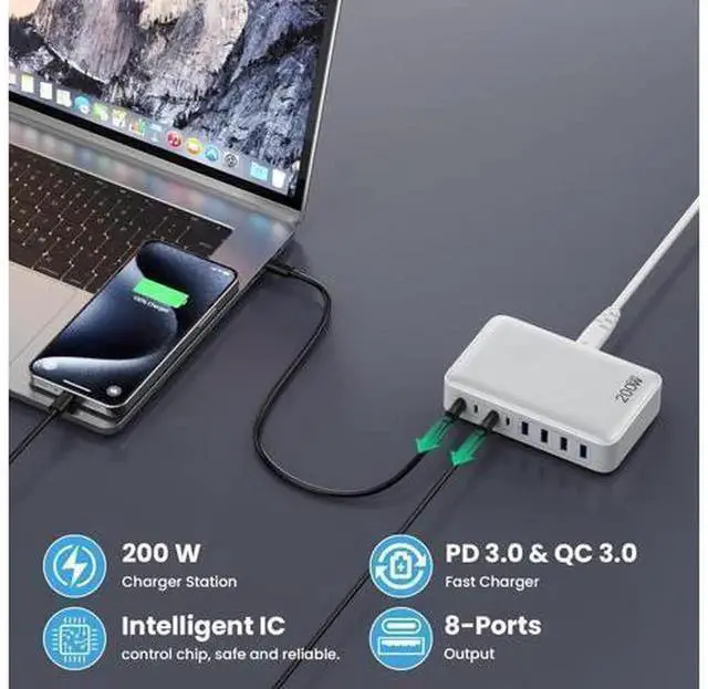 Alt view image 5 of 7 - 200W GaN III 8-Port USB-C Fast Charging Station Hub, Multi PD Charger Block with 65W Max Single Port, Universal Power Adapter for MacBook Pro/Air, Dell Laptops, Steam Deck, iPhone 16/15/14, Sam