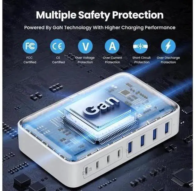 Alt view image 6 of 7 - 200W GaN III 8-Port USB-C Fast Charging Station Hub, Multi PD Charger Block with 65W Max Single Port, Universal Power Adapter for MacBook Pro/Air, Dell Laptops, Steam Deck, iPhone 16/15/14, Sam