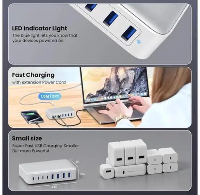 Alt view image 4 of 7 - 200W GaN III 8-Port USB-C Fast Charging Station Hub, Multi PD Charger Block with 65W Max Single Port, Universal Power Adapter for MacBook Pro/Air, Dell Laptops, Steam Deck, iPhone 16/15/14, Sam