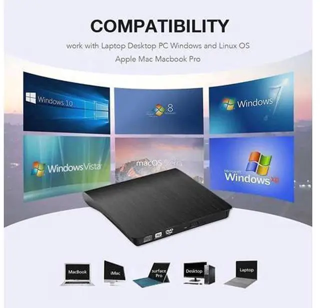 Alt view image 5 of 7 - External CD DVD Drive, USB 3.0 High Speed Optical Drive, CD DVD Rewriter Reader Writer Burner, Plug and Play CD-ROM DVD-ROM Player for Laptop Desktop PC, Mac OS, Windows 11/10/8/7/XP, Linux