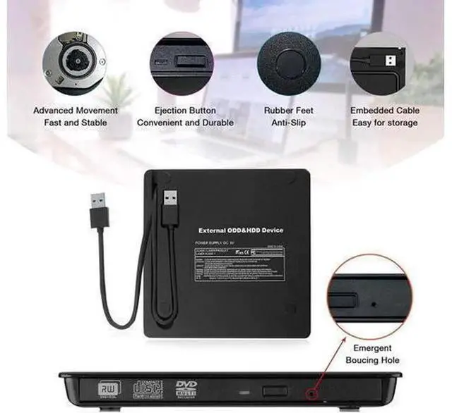 Alt view image 6 of 7 - External CD DVD Drive, USB 3.0 High Speed Optical Drive, CD DVD Rewriter Reader Writer Burner, Plug and Play CD-ROM DVD-ROM Player for Laptop Desktop PC, Mac OS, Windows 11/10/8/7/XP, Linux