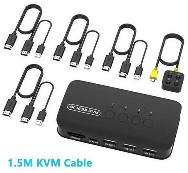 Alt view image 6 of 7 - 4 Port HDMI KVM Switch with 3 USB 2.0 Ports, 4K 30Hz HDMI USB KVM Switcher for 4 PCs Sharing One Monitor Keyboard Mouse, Comes with 4 HDMI KVM Cables & Desktop Switch Controller