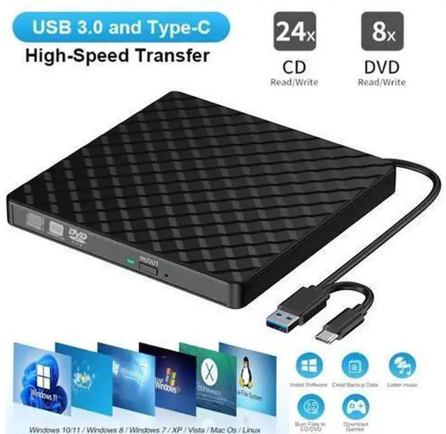 Main image of Portable External CD DVD Drive, USB 3.0 & Type-C Dual Interface CD DVD +/-RW Burner Reader Writer, Slim Optical Disc Player Compatible with Laptop Desktop PC, Mac, Windows 11/10/8.1/7 & Linux System