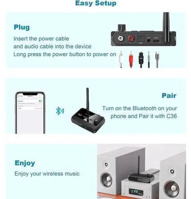 Alt view image 2 of 7 - Bluetooth 5.3 Audio Receiver, Low Latency HD Wireless Music Adapter for Wired Speakers & Home Stereo System, Digital Audio Converter Support Optical, RCA, AUX 3.5mm Jack, Lossless Sound for Home Audio