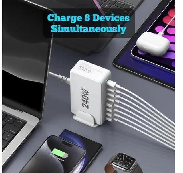Alt view image 4 of 7 - 240W GaN 8-Port USB C Fast Charging Station, Multi Port Charger Block with 4 USB-C PD + 4 USB-A Ports, PD 100W Power Adapter for iPhone, Samsung, MacBook Pro/Air, Laptops & Smart Devices