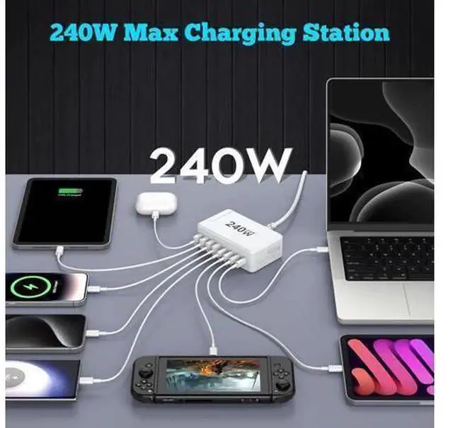 Alt view image 3 of 7 - 240W GaN 8-Port USB C Fast Charging Station, Multi Port Charger Block with 4 USB-C PD + 4 USB-A Ports, PD 100W Power Adapter for iPhone, Samsung, MacBook Pro/Air, Laptops & Smart Devices