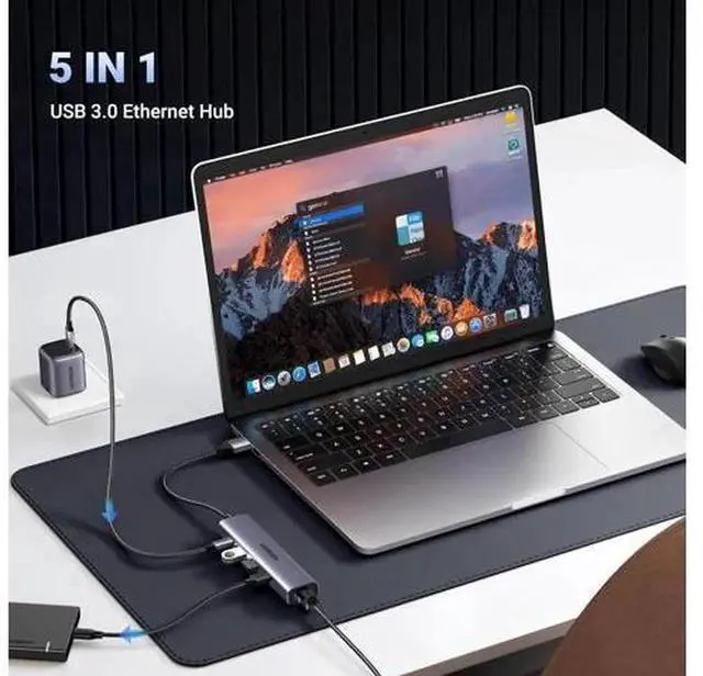 Alt view image 6 of 7 - 5 in 1 USB to Ethernet Adapter, Multiport USB Hub with Gigabit RJ45 Ethernet, 3 USB 3.0 Ports & USB-C Power Delivery Port, Plug and Play, Compatible with MacBook, XPS, Windows 10/11 Laptops