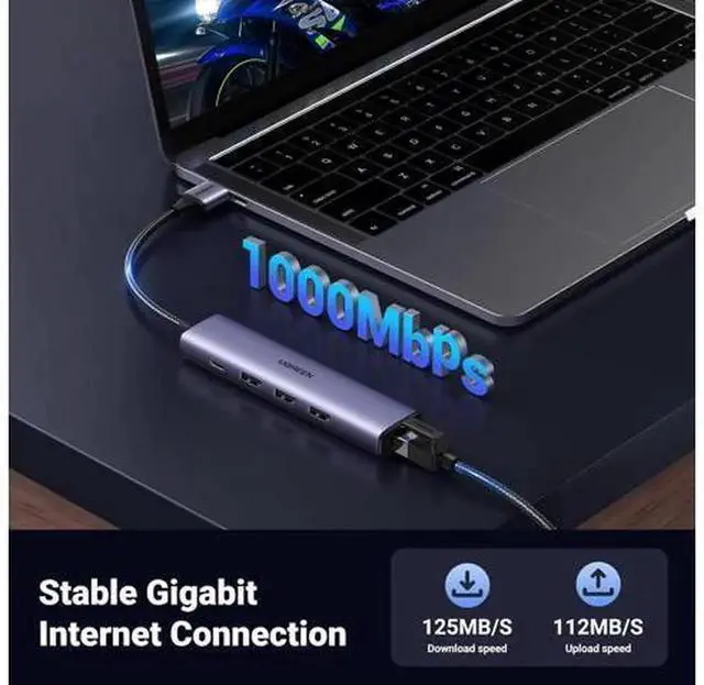 Alt view image 3 of 7 - 5 in 1 USB to Ethernet Adapter, Multiport USB Hub with Gigabit RJ45 Ethernet, 3 USB 3.0 Ports & USB-C Power Delivery Port, Plug and Play, Compatible with MacBook, XPS, Windows 10/11 Laptops