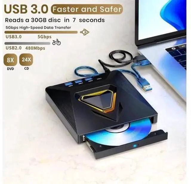 Alt view image 6 of 7 - 7-in-1 External CD DVD Drive, USB 3.0 Portable DVD +/-RW Burner with 4 USB Ports & SD/TF Card Reader, External Optical Drive Compatible with Laptop, Mac, Windows 11/10/8/7 & Linux