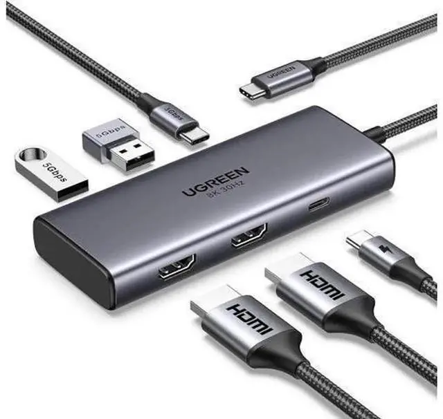 Main image of UGREEN Revodok 206 6-in-1 USB C Docking Station, Dual Monitor Dock with Dual HDMI 4K@60Hz, Single 8K@30Hz, 100W PD Charging, 5Gbps USB-C & USB-A Data Ports, Compatible with XPS, ThinkPad Laptops