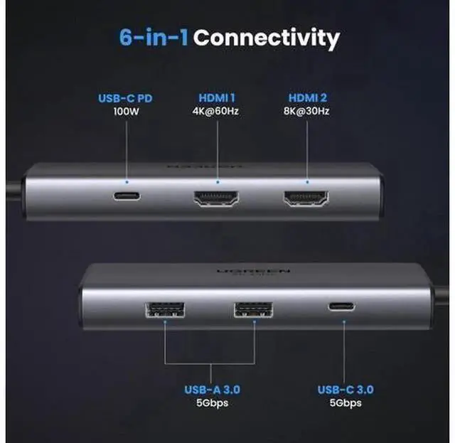 Alt view image 6 of 7 - UGREEN Revodok 206 6-in-1 USB C Docking Station, Dual Monitor Dock with Dual HDMI 4K@60Hz, Single 8K@30Hz, 100W PD Charging, 5Gbps USB-C & USB-A Data Ports, Compatible with XPS, ThinkPad Laptops