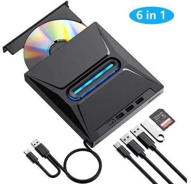 Main image of 6-in-1 External CD DVD Drive, Ultra Slim Portable CD/DVD +/-RW Burner with SD Card Reader, USB 3.0 & Type-C Hub, Compatible with Laptop, PC, Windows, Linux, MacOS