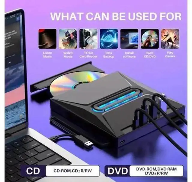 Alt view image 4 of 7 - 6-in-1 External CD DVD Drive, Ultra Slim Portable CD/DVD +/-RW Burner with SD Card Reader, USB 3.0 & Type-C Hub, Compatible with Laptop, PC, Windows, Linux, MacOS