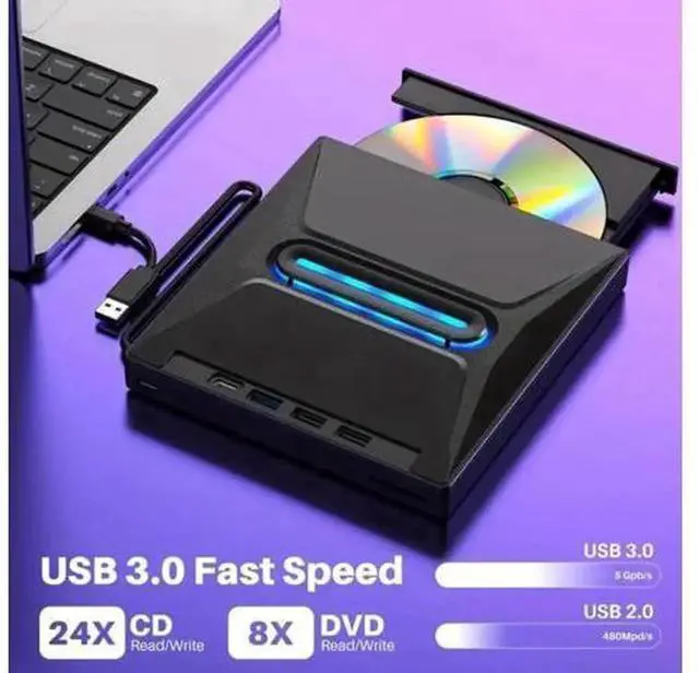 Alt view image 2 of 7 - 6-in-1 External CD DVD Drive, Ultra Slim Portable CD/DVD +/-RW Burner with SD Card Reader, USB 3.0 & Type-C Hub, Compatible with Laptop, PC, Windows, Linux, MacOS