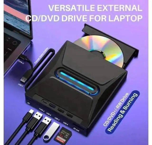 Alt view image 6 of 7 - 6-in-1 External CD DVD Drive, Ultra Slim Portable CD/DVD +/-RW Burner with SD Card Reader, USB 3.0 & Type-C Hub, Compatible with Laptop, PC, Windows, Linux, MacOS