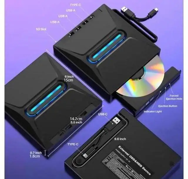 Alt view image 5 of 7 - 6-in-1 External CD DVD Drive, Ultra Slim Portable CD/DVD +/-RW Burner with SD Card Reader, USB 3.0 & Type-C Hub, Compatible with Laptop, PC, Windows, Linux, MacOS