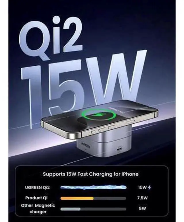 Alt view image 2 of 7 - UGREEN Qi2 2-In-1 Magnetic Foldable Fast Charging Station, Gray, Wireless Charger Stand for iPhone & AirPods