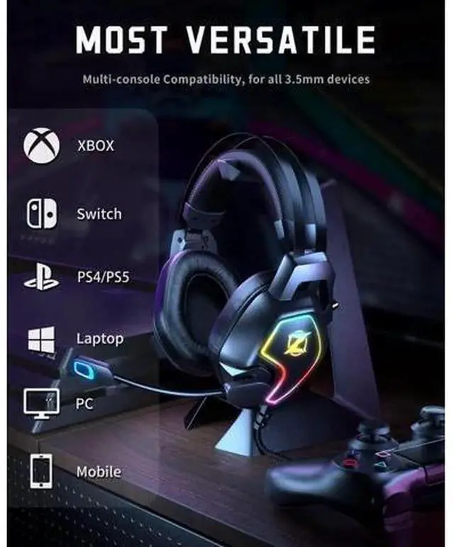 Alt view image 6 of 7 - Wired Gaming Headset Compatible with Xbox One, Series X/S, PS4, PS5, PC, Switch, Noise Cancelling Headphones with Microphone, 3.5mm Audio Jack, Auto-Adjust Headband