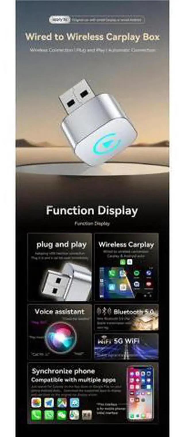 Alt view image 2 of 5 - 2025 Wireless CarPlay & Android Auto Adapter, Convert Wired to Wireless, Plug & Play Low Latency Dongle, Mini Size Compatible with iOS 10+ & iPhone 6+, Silvery