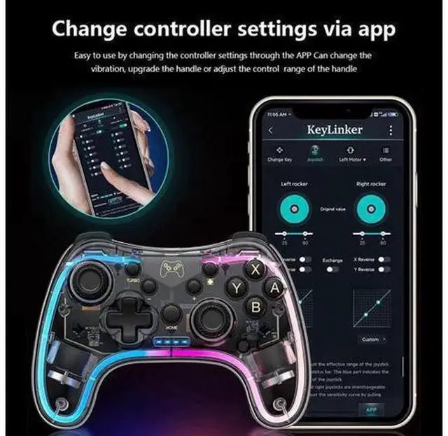 Alt view image 3 of 7 - Brightup Wireless Switch Pro Controller, Compatible with Nintendo Switch/Switch Lite/Switch OLED, Gamepad with Turbo, Wake-Up Function & Adjustable LED Lights, Black
