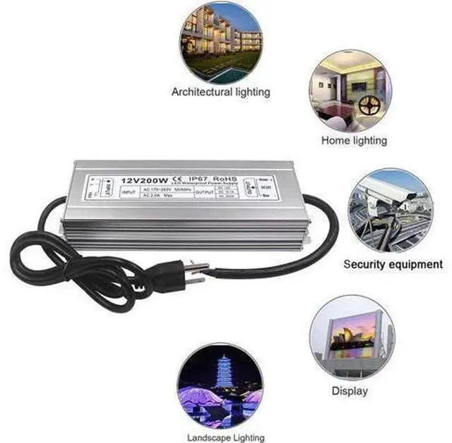 Alt view image 7 of 7 - 200W LED Power Supply, IP67 Waterproof High Power Transformer, 12V DC LED Driver Adapter for Outdoor Lighting