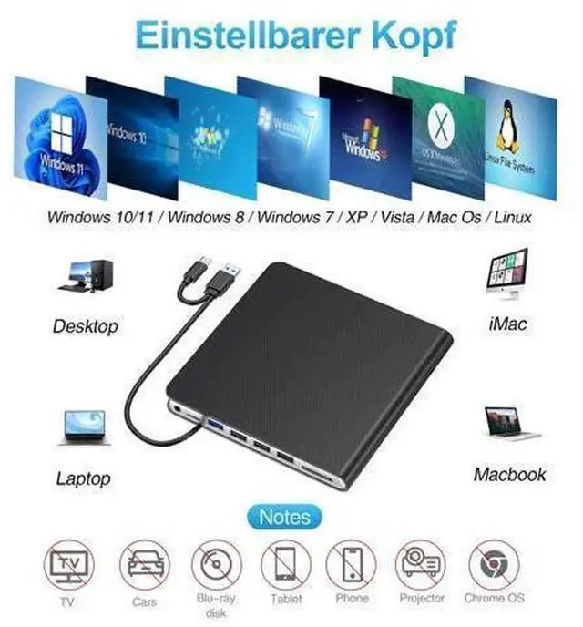 Alt view image 7 of 7 - USB 3.0 & USB C External CD DVD Drive, Portable CD/DVD Burner Reader Writer, External DVD Player Compatible with Laptop Desktop PC, Windows 11/10/8/7, MacBook, Mac OS, Linux