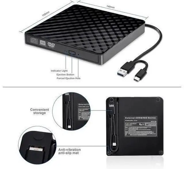 Alt view image 4 of 7 - Type-C & USB 3.0 External CD DVD Drive, Portable CD DVD +/-RW Burner Reader Writer Optical Drive, External DVD Player Compatible with Laptop, Desktop PC, Windows, Mac OS and Linux