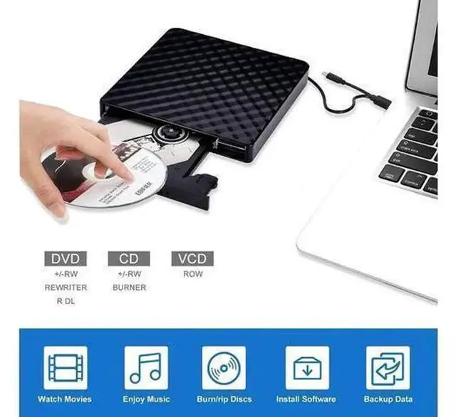 Alt view image 7 of 7 - Type-C & USB 3.0 External CD DVD Drive, Portable CD DVD +/-RW Burner Reader Writer Optical Drive, External DVD Player Compatible with Laptop, Desktop PC, Windows, Mac OS and Linux