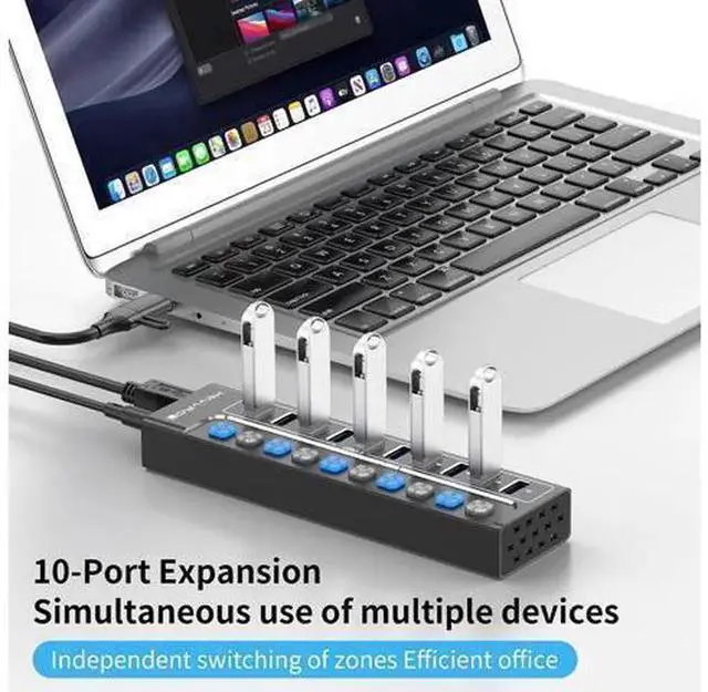 Alt view image 2 of 7 - Powered USB 3.0 Hub, 10-Port USB Hub Splitter with Individual On/Off Switches & LED Indicators, High-Speed Data & Charging Ports, Equipped with 12V 3A Power Adapter