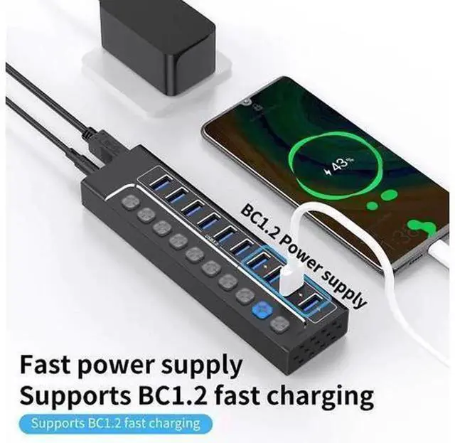 Alt view image 7 of 7 - Powered USB 3.0 Hub, 10-Port USB Hub Splitter with Individual On/Off Switches & LED Indicators, High-Speed Data & Charging Ports, Equipped with 12V 3A Power Adapter