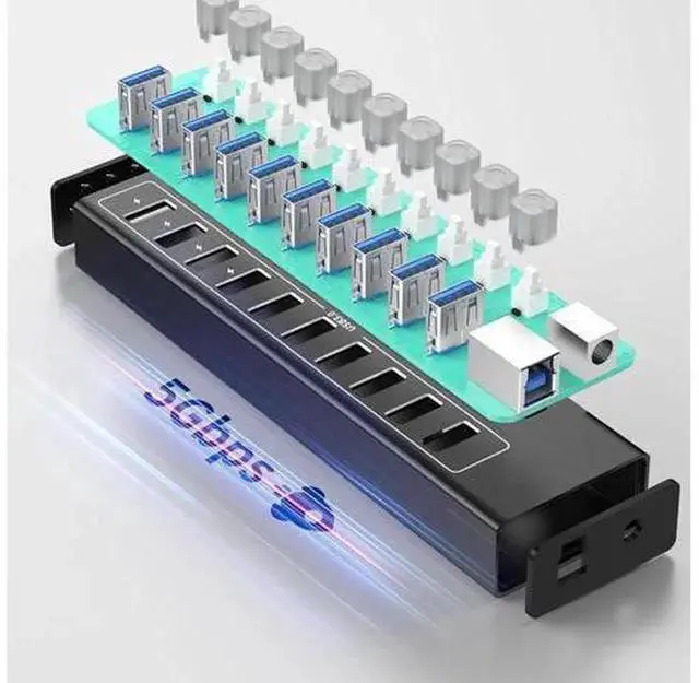 Alt view image 6 of 7 - Powered USB 3.0 Hub, 10-Port USB Hub Splitter with Individual On/Off Switches & LED Indicators, High-Speed Data & Charging Ports, Equipped with 12V 3A Power Adapter