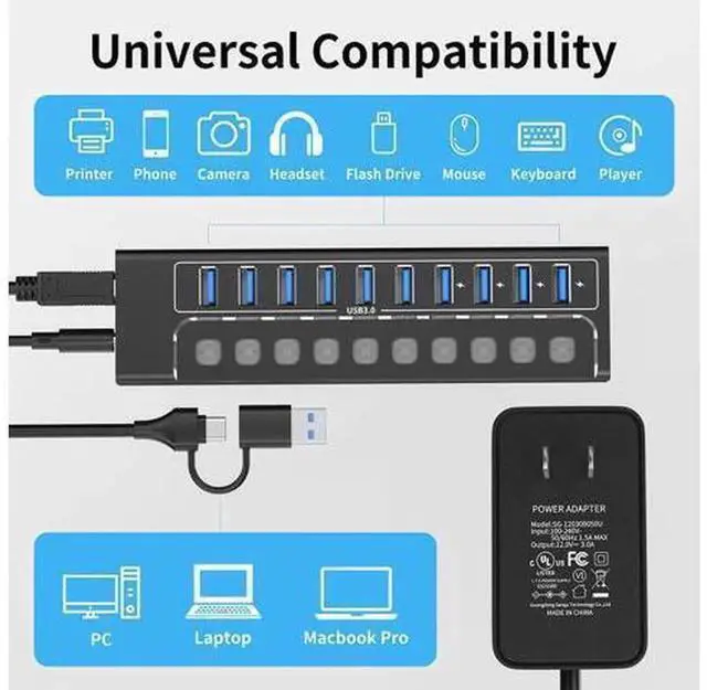 Alt view image 3 of 7 - Powered USB 3.0 Hub, 10-Port USB Hub Splitter with Individual On/Off Switches & LED Indicators, High-Speed Data & Charging Ports, Equipped with 12V 3A Power Adapter