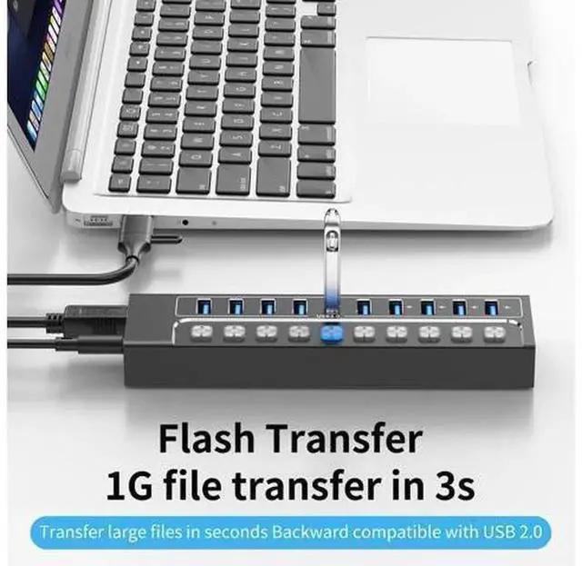 Alt view image 4 of 7 - Powered USB 3.0 Hub, 10-Port USB Hub Splitter with Individual On/Off Switches & LED Indicators, High-Speed Data & Charging Ports, Equipped with 12V 3A Power Adapter