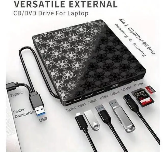 Alt view image 2 of 7 - 8 in 1 External CD/DVD Drive, USB 3.0 Ultra-Slim Portable CD DVD Burner Reader Writer, External DVD Player Compatible with Laptop, Desktop PC, Windows 11/10/8, Linux, Mac OS, MacBook Pro/Air