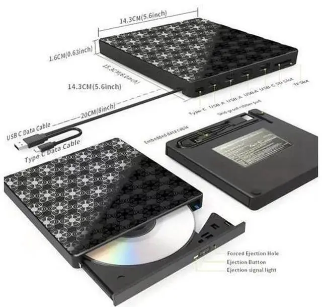 Alt view image 3 of 7 - 8 in 1 External CD/DVD Drive, USB 3.0 Ultra-Slim Portable CD DVD Burner Reader Writer, External DVD Player Compatible with Laptop, Desktop PC, Windows 11/10/8, Linux, Mac OS, MacBook Pro/Air