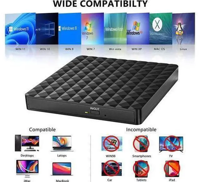 Alt view image 4 of 7 - USB 3.0 & USB C External CD DVD Drive, Slim Portable Low Noise CD/DVD +/-RW Writer Burner Player, Optical Drive Compatible with Laptop Desktop PC, Windows 11/10/8/7/XP, Linux and MacOS