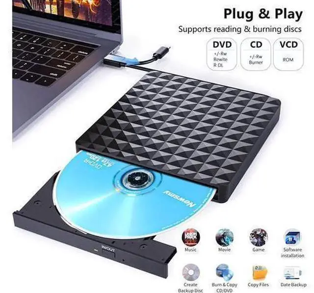 Alt view image 2 of 7 - USB 3.0 & USB C External CD DVD Drive, Slim Portable Low Noise CD/DVD +/-RW Writer Burner Player, Optical Drive Compatible with Laptop Desktop PC, Windows 11/10/8/7/XP, Linux and MacOS
