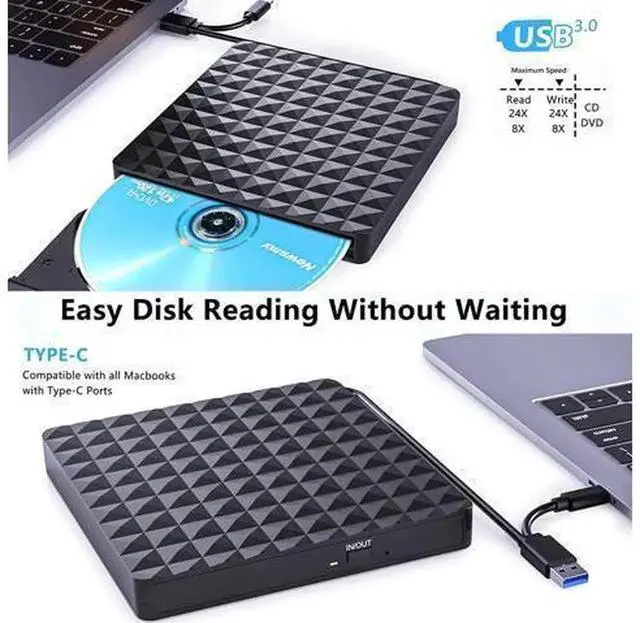 Alt view image 3 of 7 - USB 3.0 & USB C External CD DVD Drive, Slim Portable Low Noise CD/DVD +/-RW Writer Burner Player, Optical Drive Compatible with Laptop Desktop PC, Windows 11/10/8/7/XP, Linux and MacOS