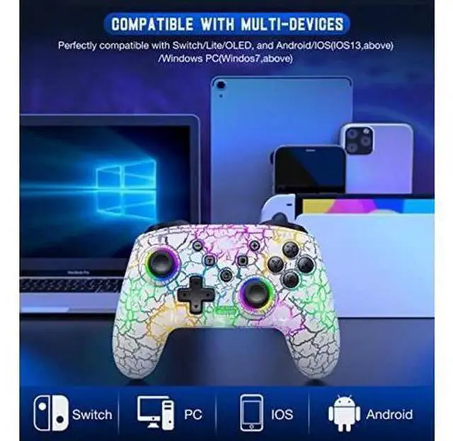 Alt view image 5 of 5 - Gammeefy Wireless Switch Pro Controller for Nintendo Switch/Switch Lite/Switch OLED, 9 Adjustable Color LED Game Remote, Programmable Controller Compatible with Windows PC, Android & iOS, White
