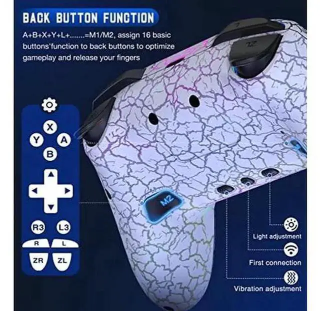 Alt view image 2 of 5 - Gammeefy Wireless Switch Pro Controller for Nintendo Switch/Switch Lite/Switch OLED, 9 Adjustable Color LED Game Remote, Programmable Controller Compatible with Windows PC, Android & iOS, White