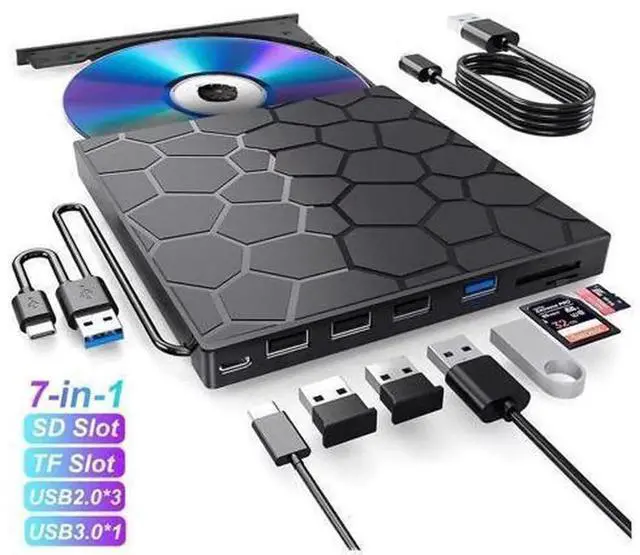 Main image of 7 in 1 External CD DVD Drive, USB 3.0 Ultra Slim Portable External Optical Drive CD Burner DVD Player Compatible with Laptop Desktop, Windows 11/10/8/7, Linux & MacOS