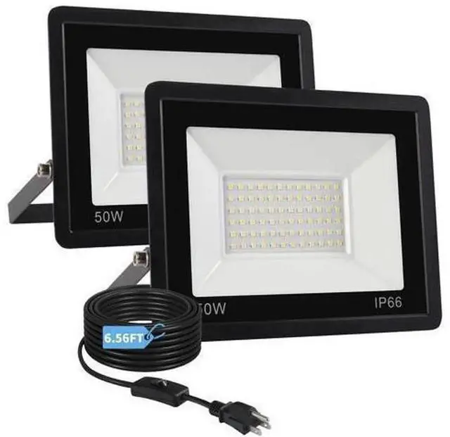 Main image of 2 Pack 50W LED Outdoor Flood Lights, 7000LM Super Bright Work Lights, IP66 Waterproof, 6500K Daylight White, with On/Off Switch & 6.5FT Plug, for Yard, Garage, Garden, Stadium